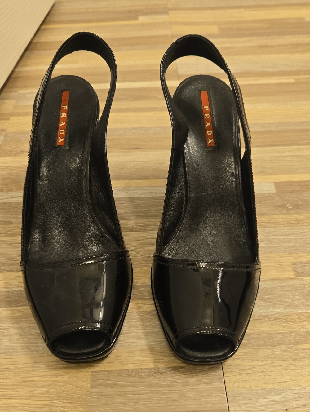 Prada Black Patent Leather Peep-Toe Slingback Heels, Size 36